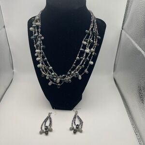 Multi Strand Beaded Necklace & Earrings Set Gray Cream Sparkle Dangle Jewelry
